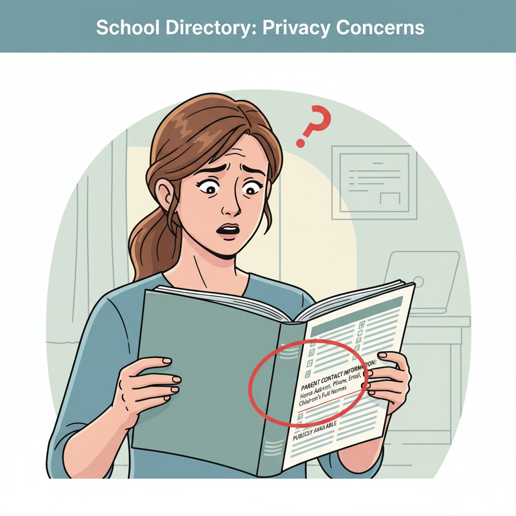 A parent holding a school directory, looking concerned as they realize the privacy issue. A worried parent examining the school directory due to privacy concerns related to divorced families.