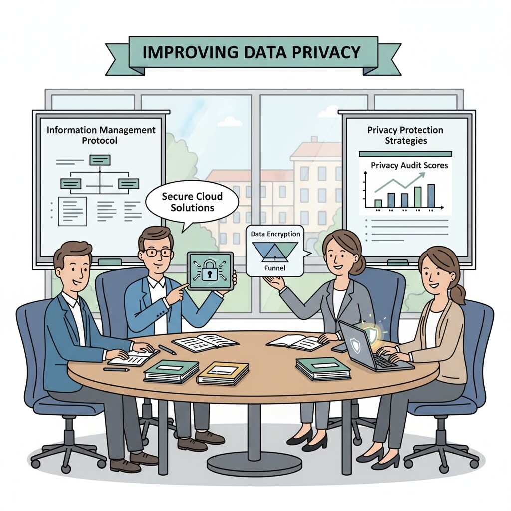 School administrators in a meeting, discussing ways to enhance information management to protect privacy. School administrators engaged in a discussion about improving information management for privacy protection in relation to school directories and divorced families.