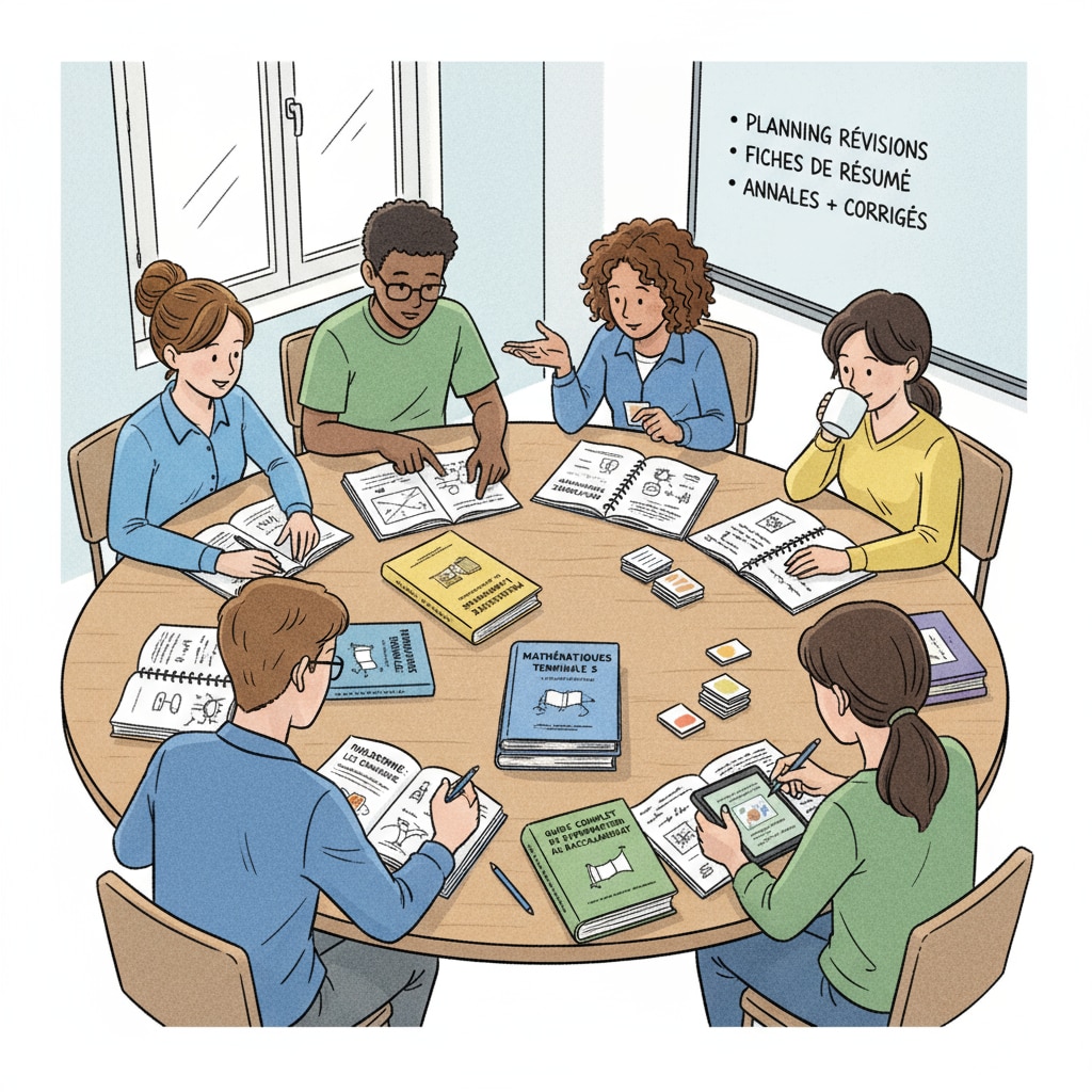 A group of high school students are sitting around a table, books open, engaged in a discussion about baccalauréat preparation strategies. Some are taking notes, and there are textbooks and study guides scattered on the table. High school students discussing baccalauréat preparation strategies