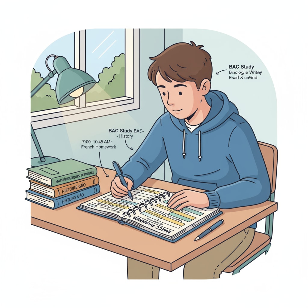 A student is sitting at a desk, looking at a planner. The planner has a detailed schedule with time allocated for different tasks, including baccalauréat study, homework, and breaks. Student using a planner for baccalauréat study time management