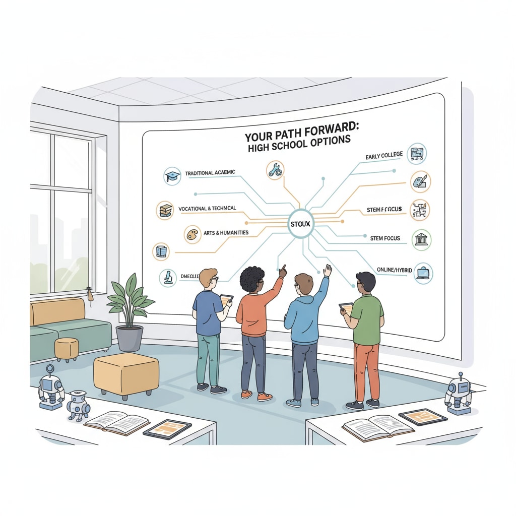 A group of students in a modern learning environment are looking at different educational pathways on a digital screen, symbolizing the exploration of alternative high school options. Students exploring different educational paths related to high school diplomas, GEDs, and alternative high school education