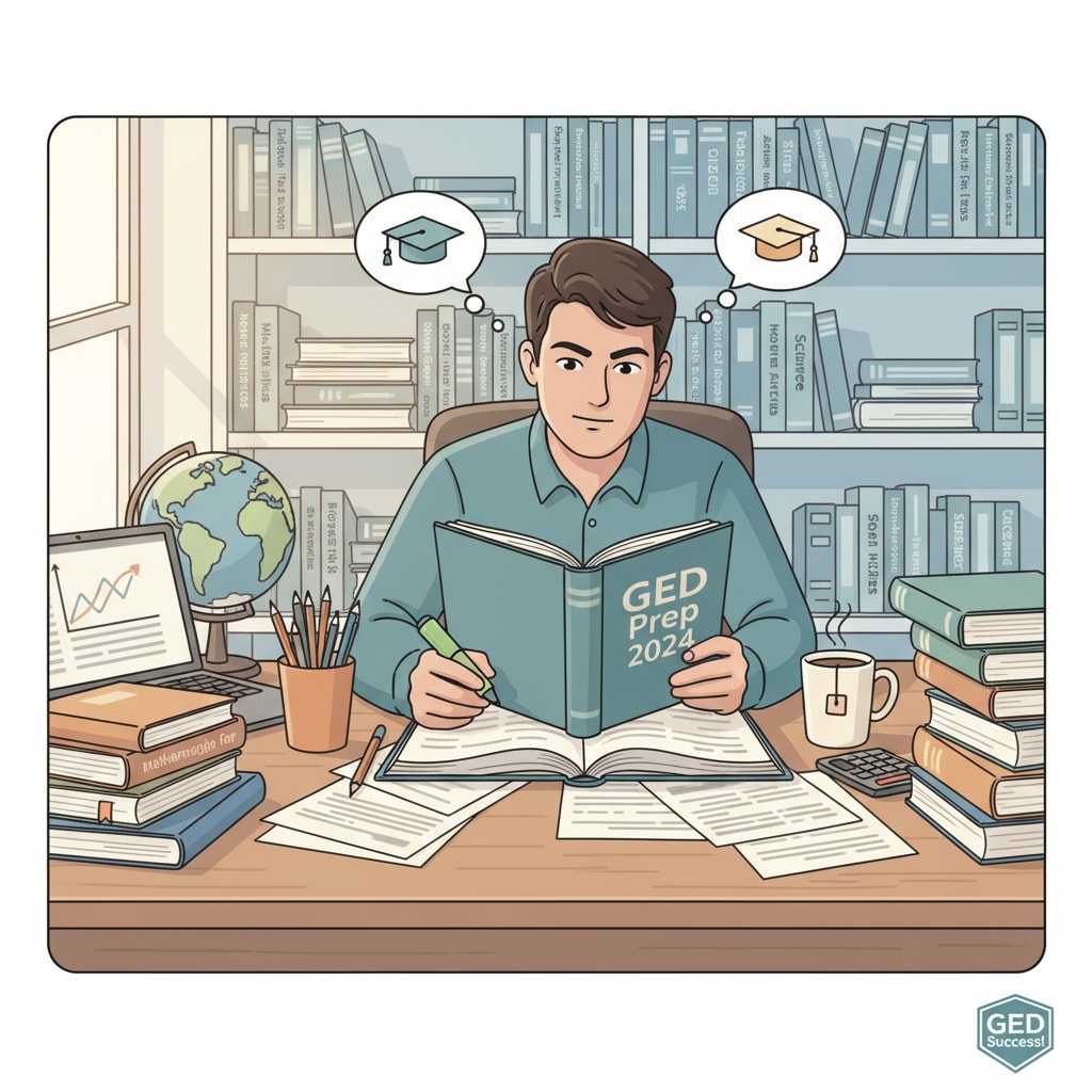 An individual is sitting at a study desk with books and study materials related to the GED test, concentrating on their studies. A person studying for the GED test as part of high school education alternatives