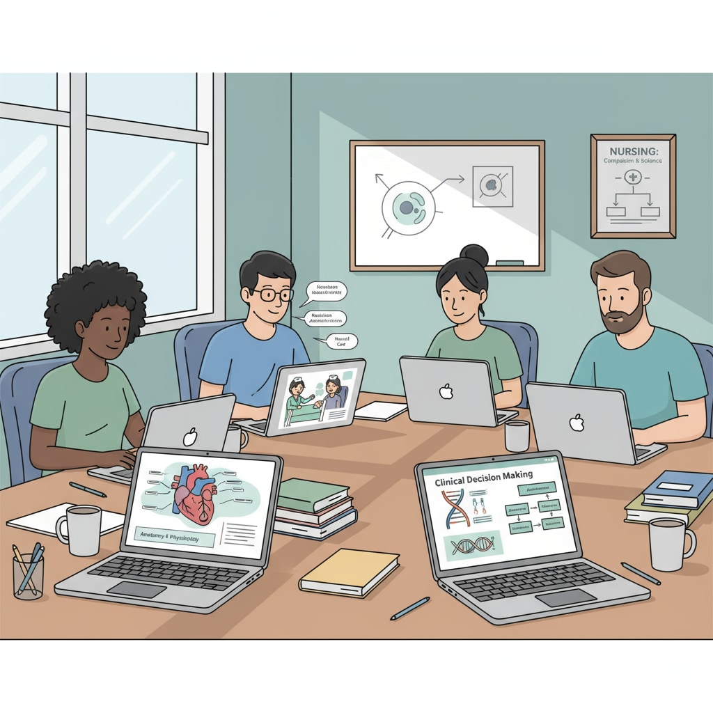 A group of students is sitting in front of their laptops, engaged in online nursing courses. The screens display various nursing topics like anatomy and patient care. Students studying online nursing programs without relying on ACT/SAT scores