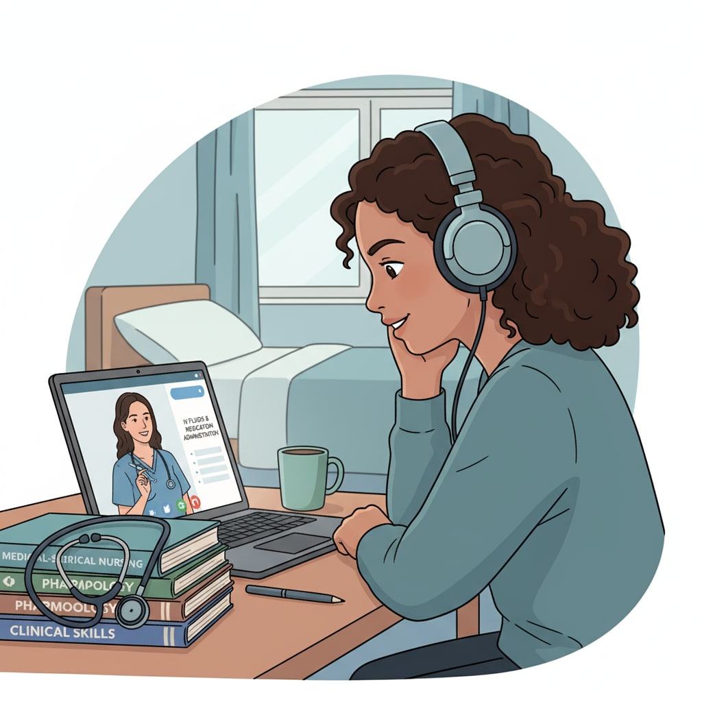 A single student is attentively listening to an online nursing lecture. There is a stethoscope and some nursing textbooks on the table beside the student. Student attending an online nursing lecture as part of a program not requiring ACT/SAT
