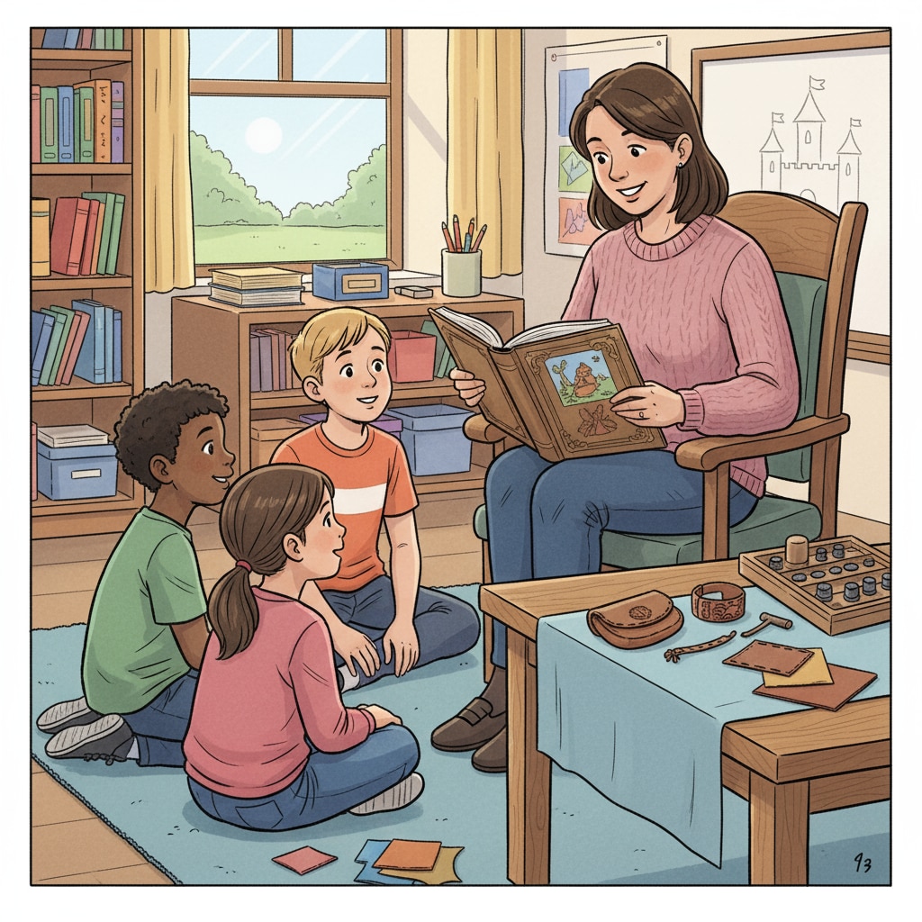 A group of children are gathered around a teacher. The teacher is reading a fairy tale book while some leather crafts are placed on a table nearby. Children engaged in leather education with a fairy tale backdrop