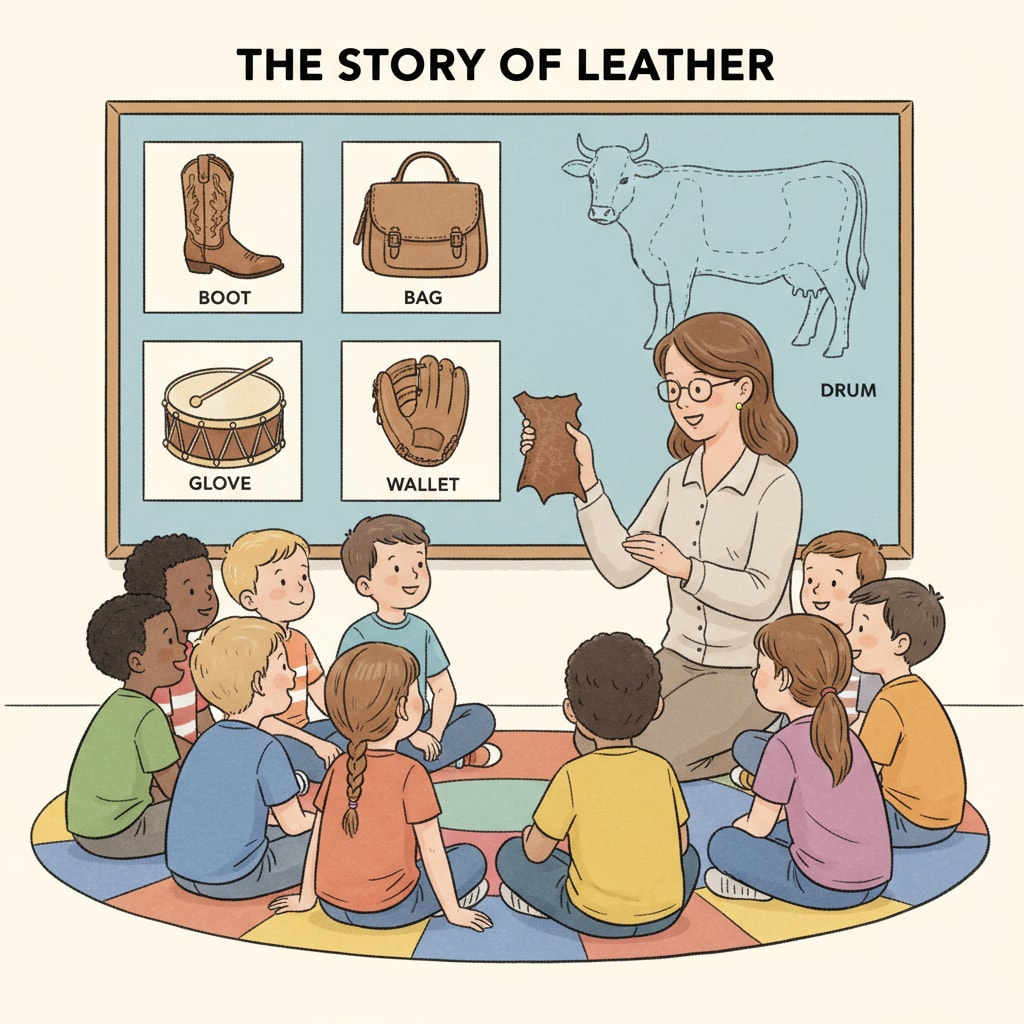 A classroom scene where children are sitting in a circle, listening attentively as the teacher tells a story about leather. There are pictures of leather items on the wall. Children listening to a leather - related fairy tale for leather education