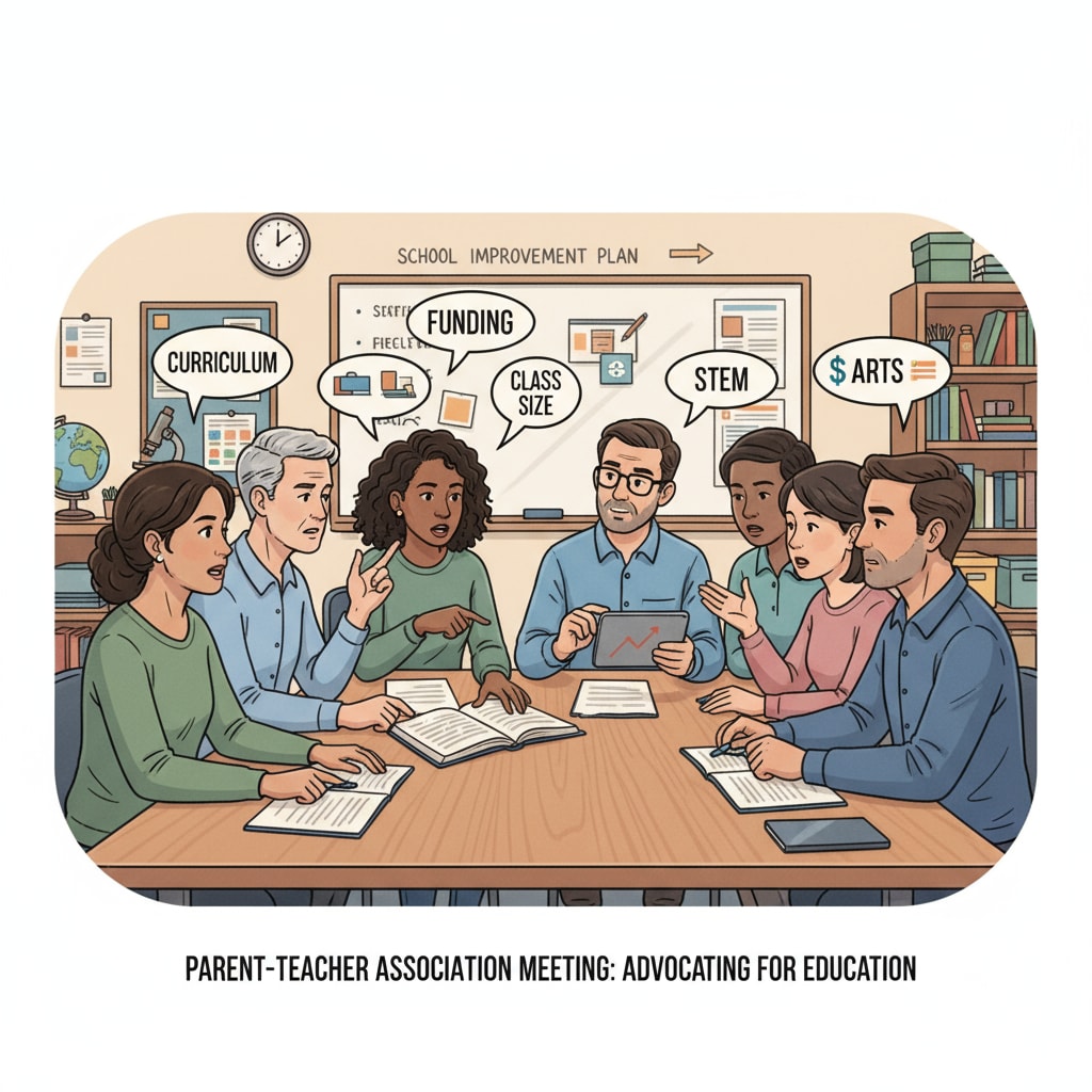 A group of parents engaged in a discussion about education issues during a school meeting, showing their concern and active participation. Parents discussing education issues in American public education, highlighting parent complaints.