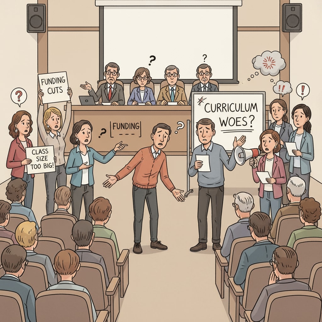 Parents gathered at a public forum, expressing their concerns about various aspects of education, indicating the intensity of parent complaints. Parents expressing concerns in American public education, related to parent complaints and overall education issues.