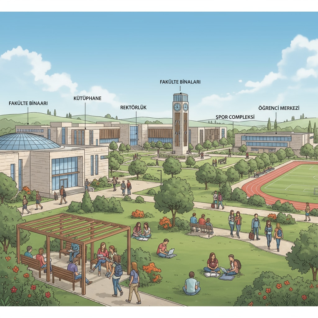 A panoramic view of a Turkish university campus with students chatting, studying, and walking around, showing modern buildings and green spaces. A view of a Turkish university campus relevant to Turkish study abroad, English - taught programs, and international student applications