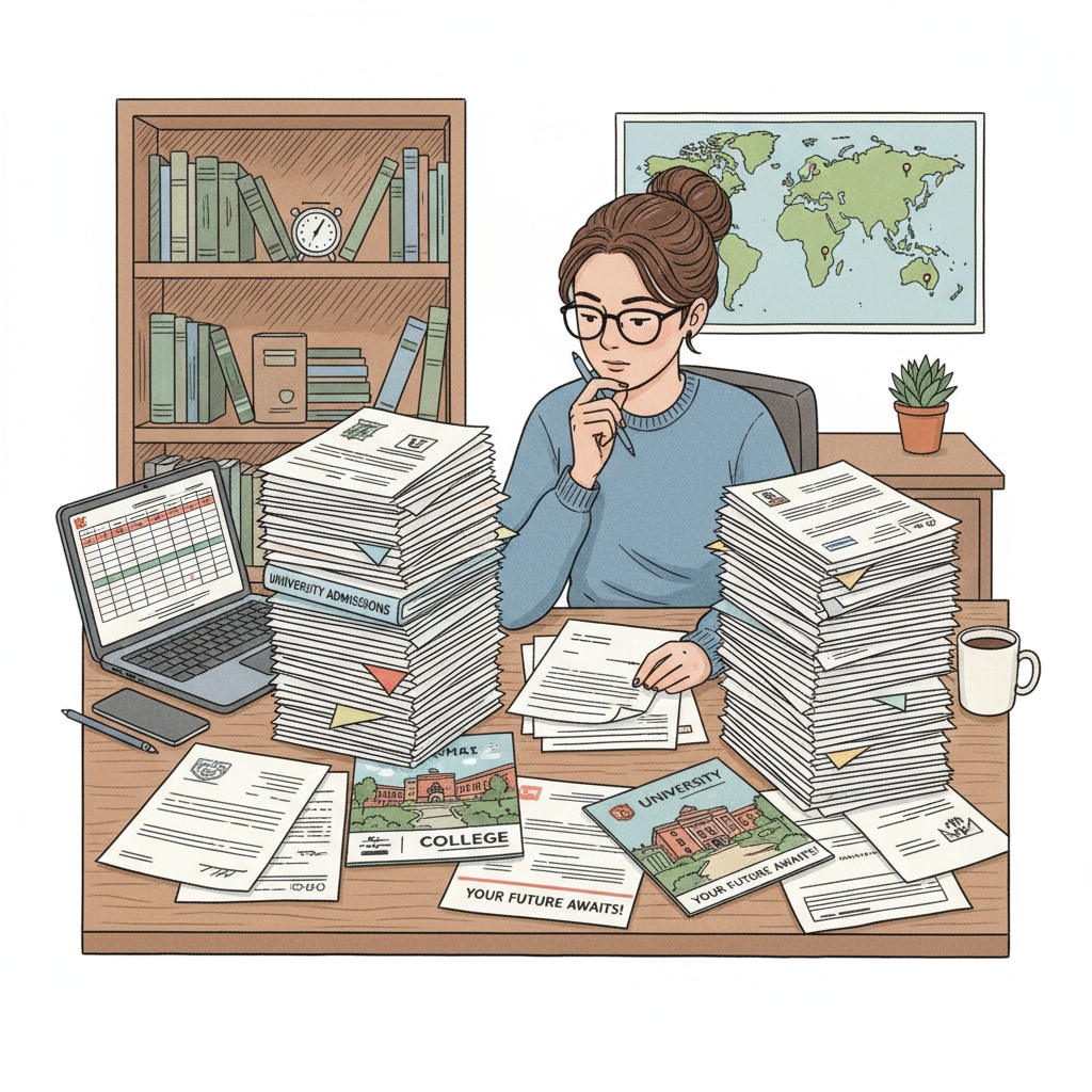 A student sitting at a desk, carefully looking through a pile of application forms, documents, and brochures. A student engaged in the international student application process for Turkish study, especially for English - taught programs