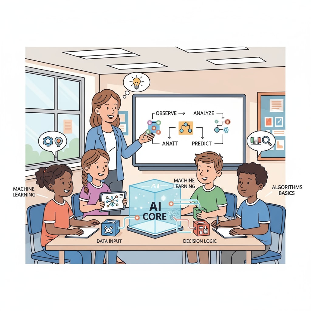 Students are engaged in a classroom activity, learning about fundamental AI concepts through hands-on experience. Students learning AI concepts in a K12 classroom