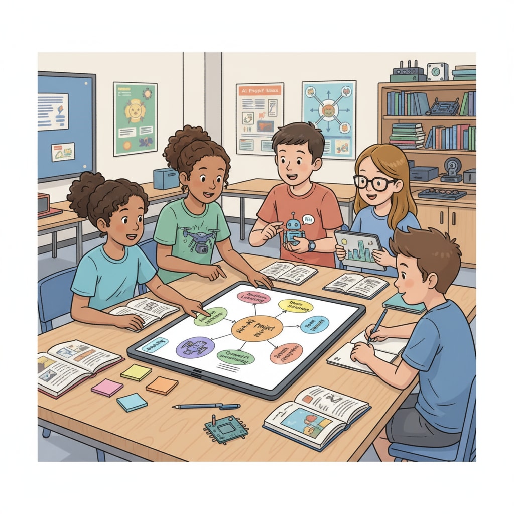 A group of middle school students are gathered around a table, discussing and coming up with ideas for an AI project. Middle school students brainstorming AI project ideas in the context of K12 education