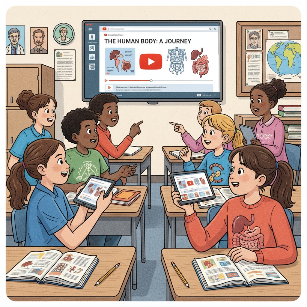 A group of students are sitting in a classroom, watching educational videos on YouTube with great interest. Students accessing YouTube teachers and online education resources for subject teaching