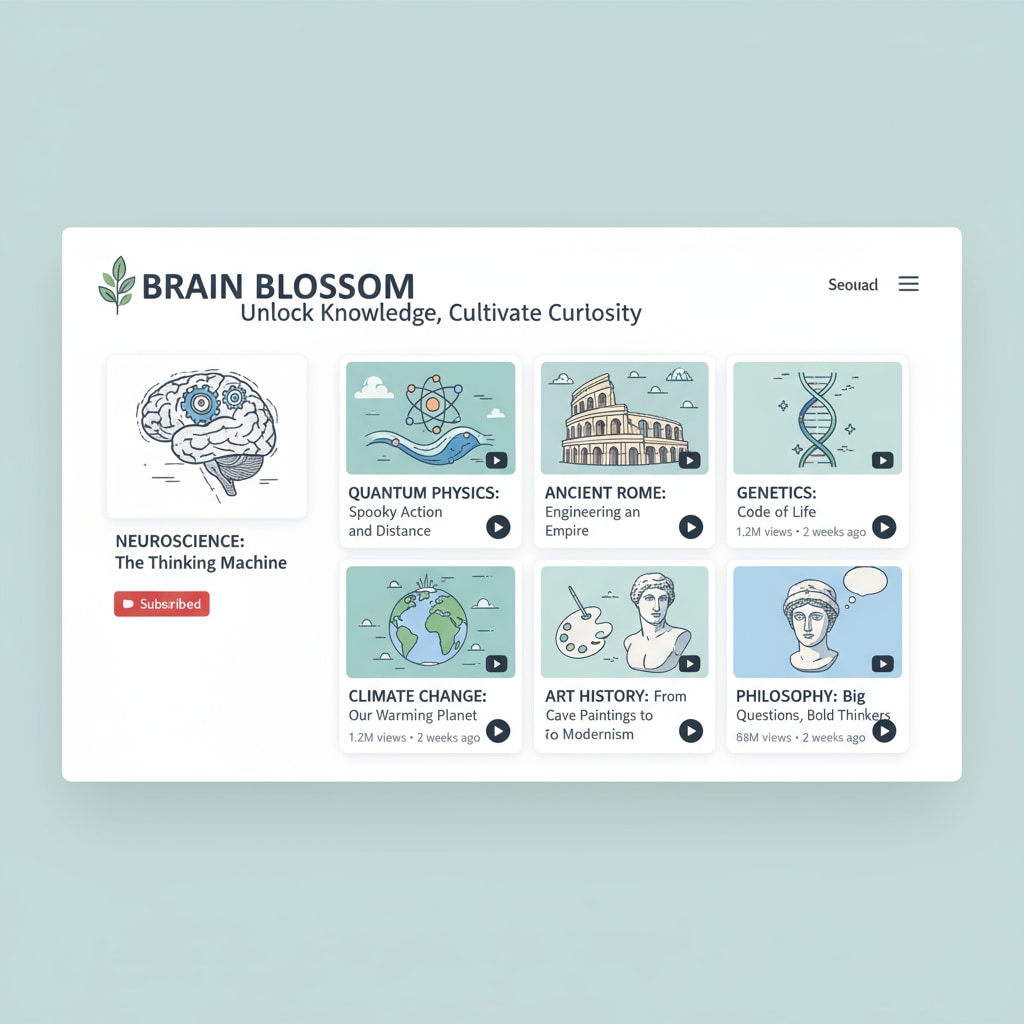 A screenshot of a popular YouTube educational channel's homepage, showing various subject-related video thumbnails. Screenshot of a YouTube educational channel with resources for subject teaching by YouTube teachers