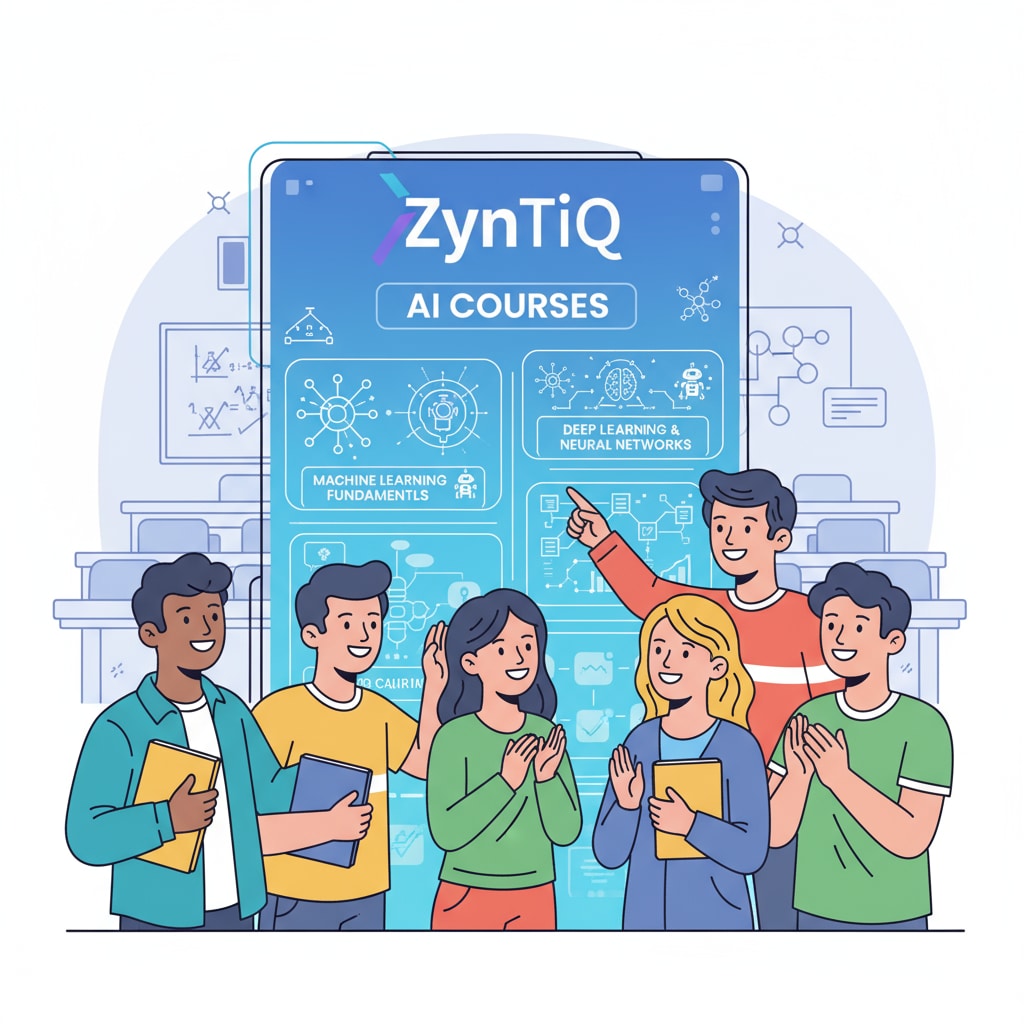 An image showing students excited about learning AI courses on ZynTiQ platform Students excited about AI education courses on ZynTiQ lifetime membership