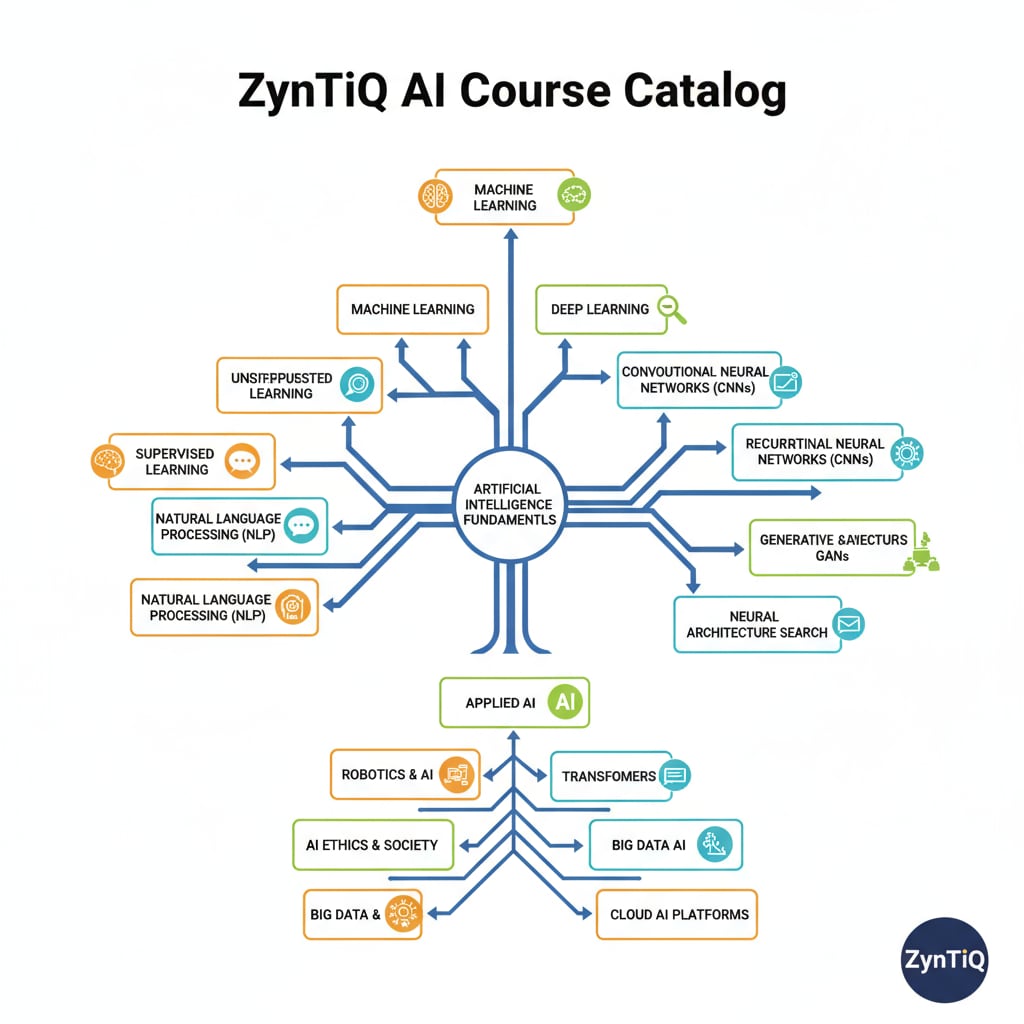 A graphic representation of the variety of AI courses available on ZynTiQ Variety of AI courses in ZynTiQ lifetime membership for K12 students