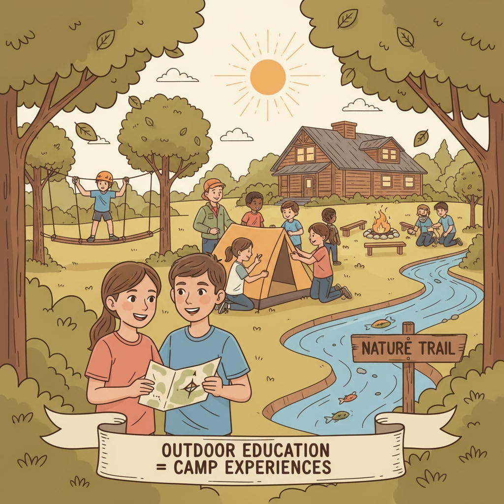 Students participating in outdoor activities at a camp, representing the connection between outdoor education and camp experiences Students engaged in outdoor education at a camp, related to school contracts and camp controversies