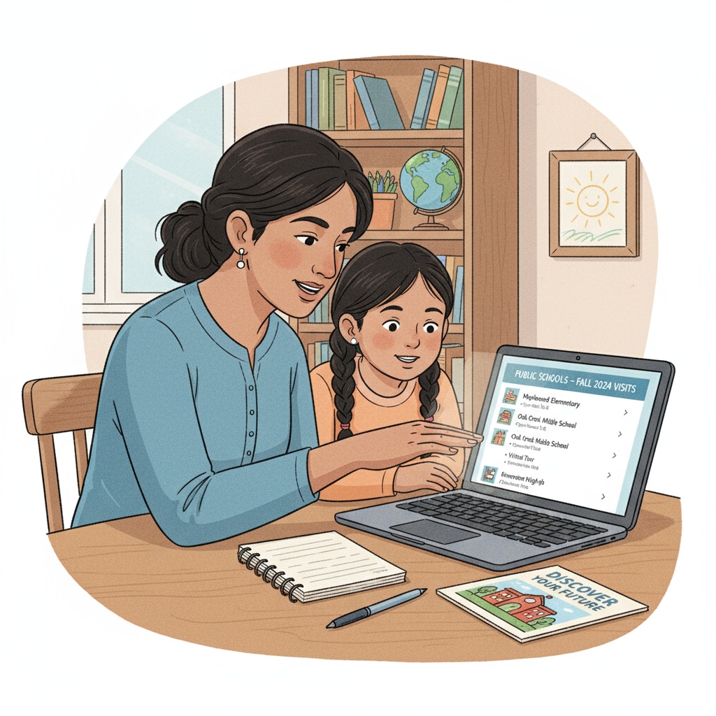 A parent and child are looking at a list of public schools on a laptop, researching before a school visit. Parent and child researching public schools for education choice