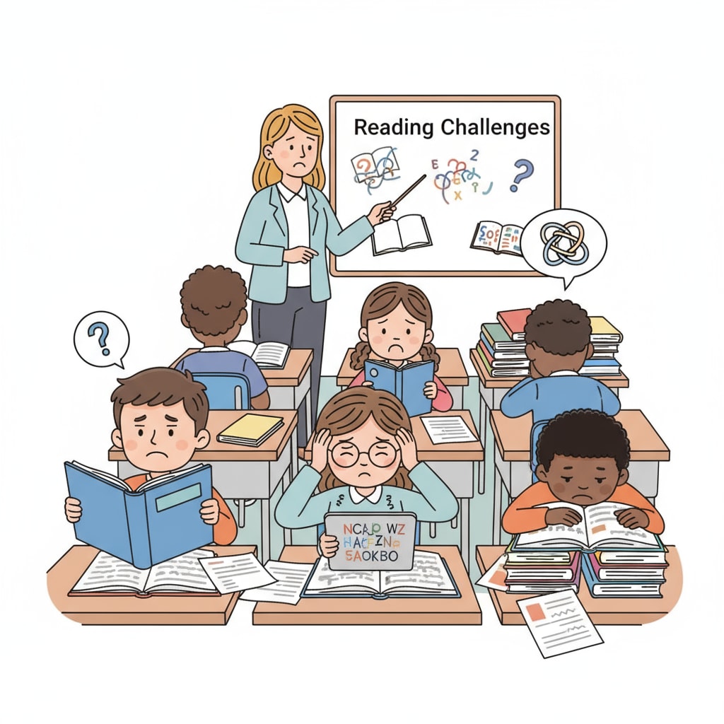 A classroom scene where students are struggling with reading materials. Students with reading difficulties in a classroom related to literacy, democracy, reading and writing