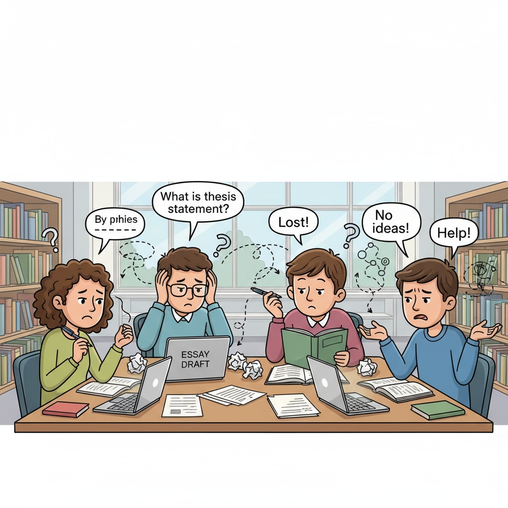 A group of students looking confused while trying to write an essay. Students confused while writing an essay, showing the importance of literacy, democracy, reading and writing