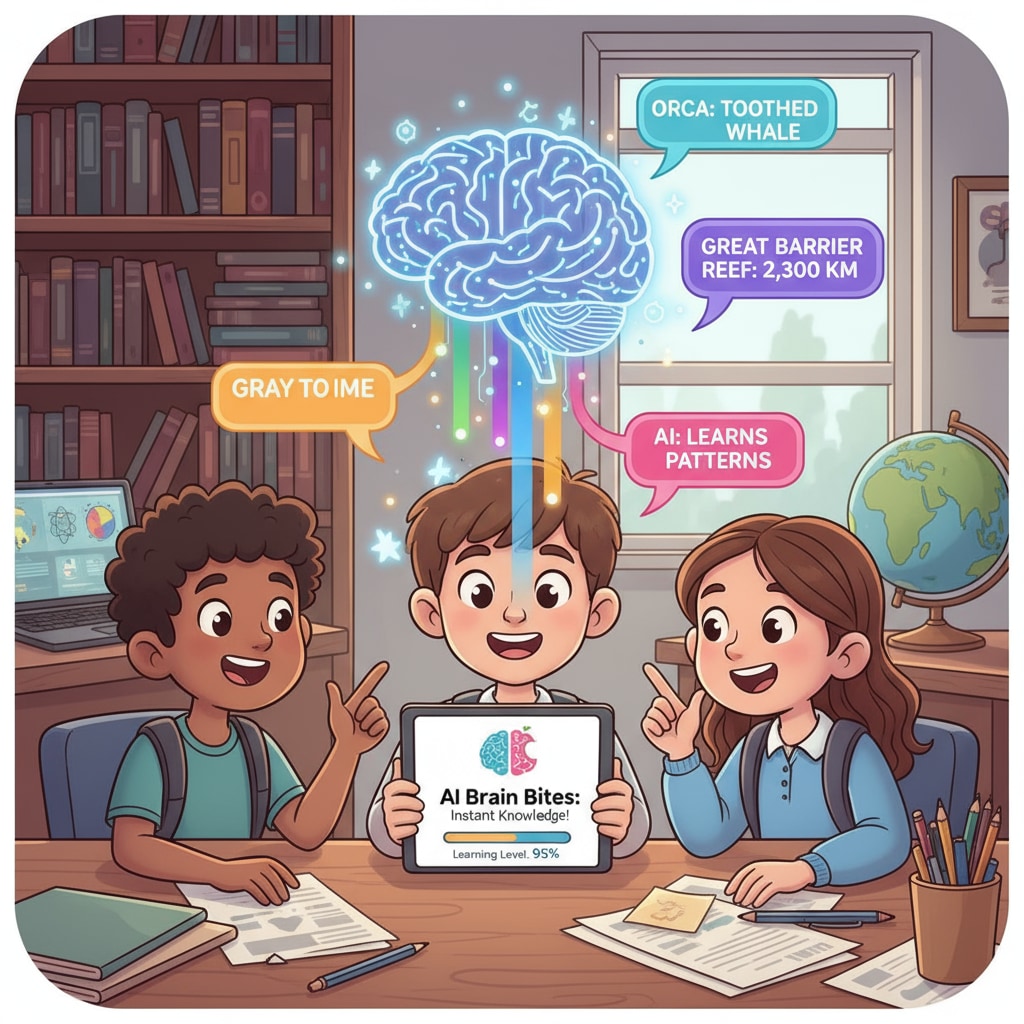 Students learning educational facts from AI Brain Bites in a classroom setting