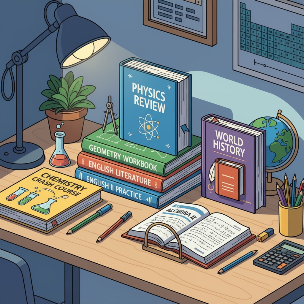 A collection of high school review workbooks neatly arranged on a study desk, showing different covers related to various subjects. High school basic knowledge review workbooks collection