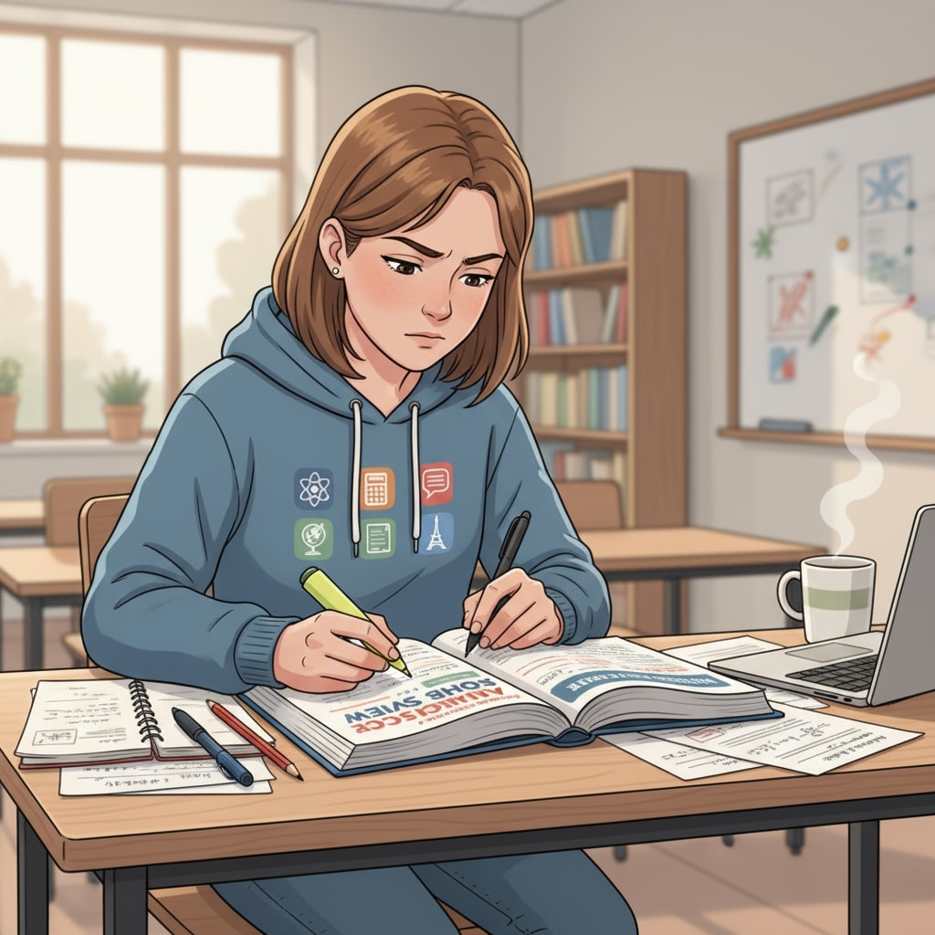 A student sitting at a desk, intently studying an all-subject high school review workbook, with pens and papers beside. Student studying an all-subject high school review workbook