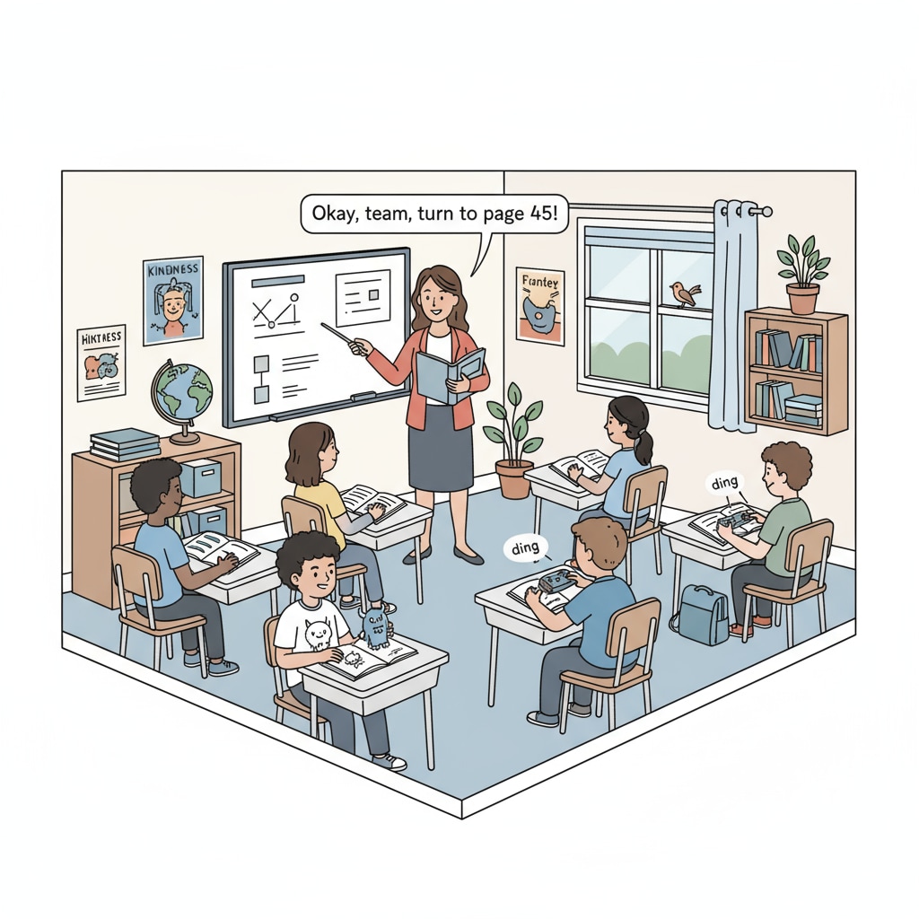 A group of seventh - grade students in an inclusive classroom, some looking distracted while the teacher is giving instructions Seventh - grade inclusive classroom scene with distracted students during instruction
