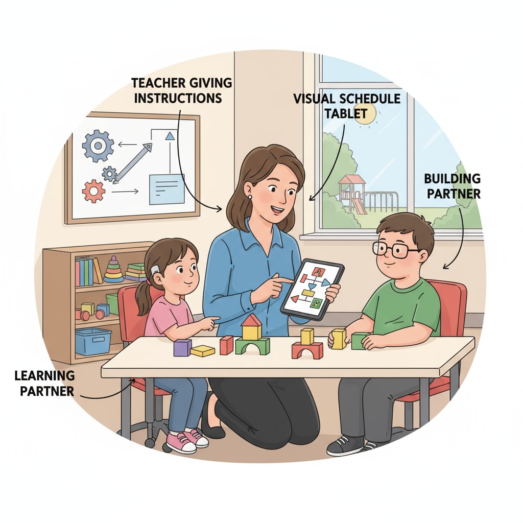 A teacher talking to a student with special needs, trying to convey instructions Teacher communicating instructions to a student with special needs