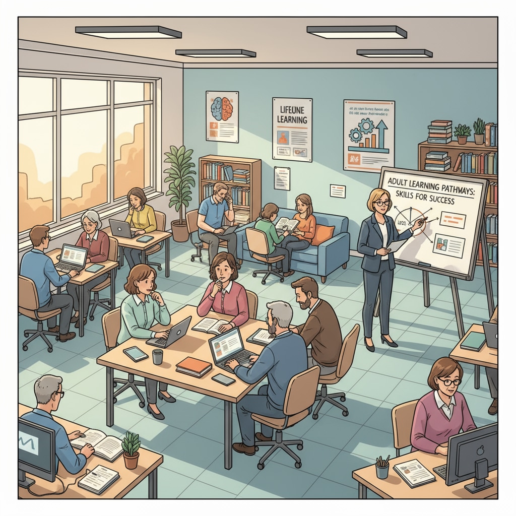 A classroom scene with adult students engaged in learning activities, highlighting the environment of adult education programs. Adult education classroom for high school diploma programs