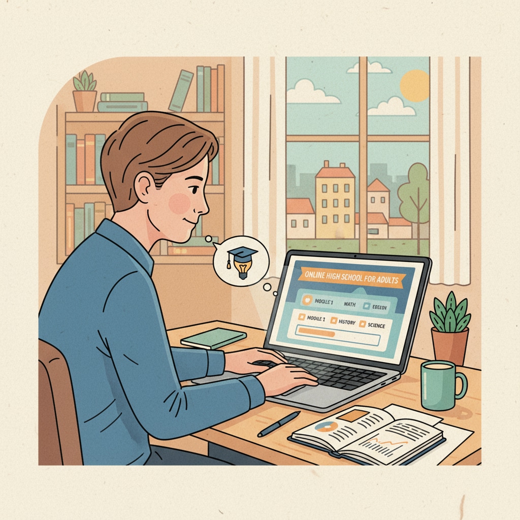 A person sitting at a desk, concentrating on a laptop with an online learning interface, representing online high school programs for adults. Adult studying an online high school diploma program