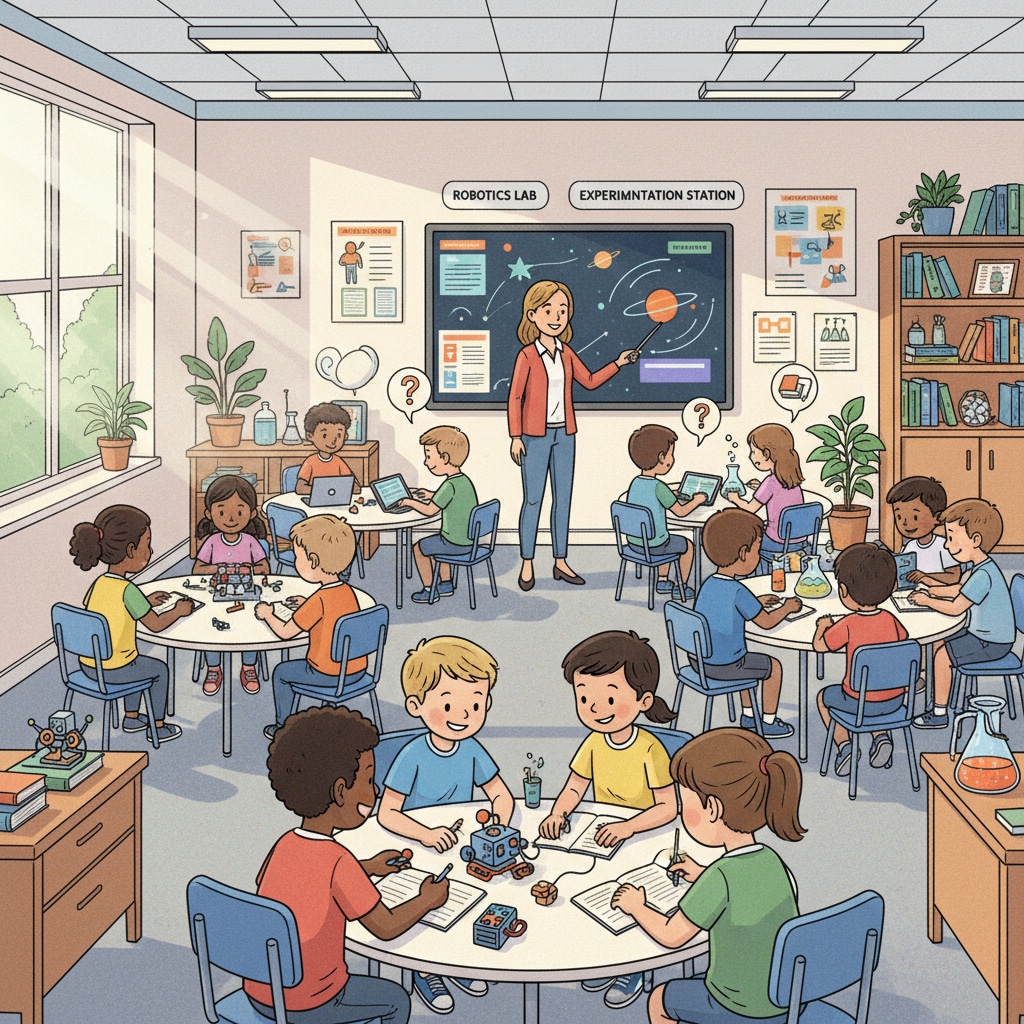 A group of students actively engaged in learning activities in a modern and well-equipped classroom, showing enthusiasm and interaction. Students actively learning in a classroom related to education, lifelong learning, and success