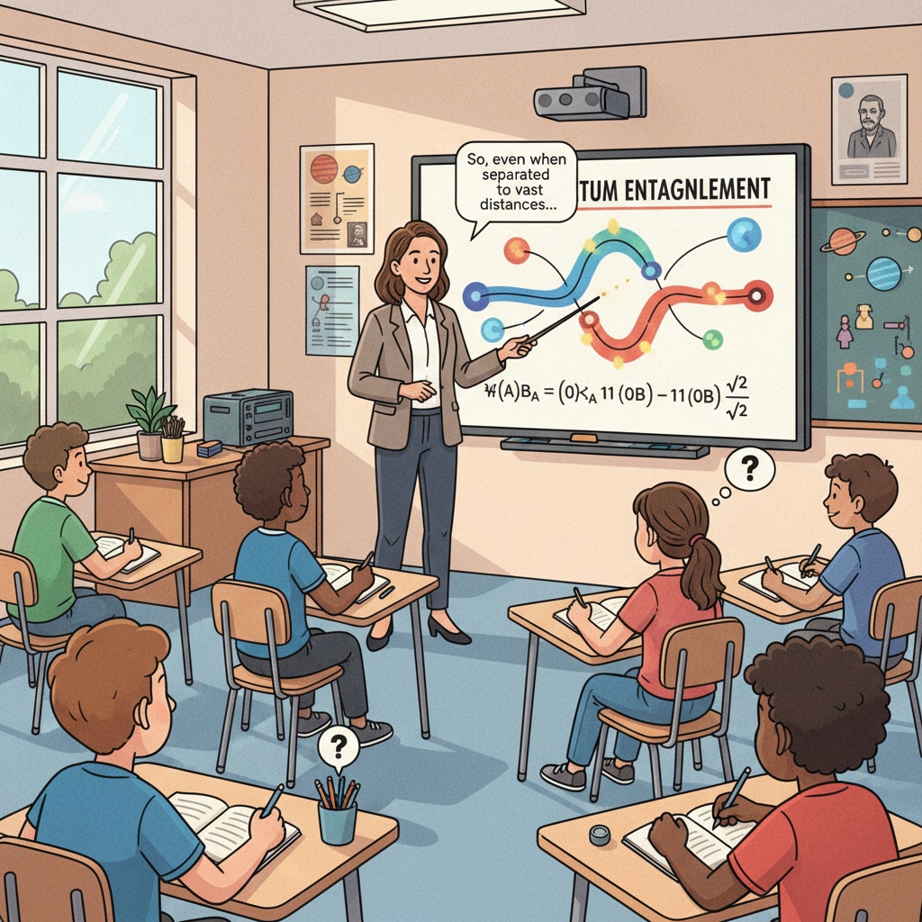 A teacher is explaining a complex scientific concept to students in a K12 classroom, with students attentively listening and taking notes. A teacher teaching in a K12 classroom relevant to education, lifelong learning, and success