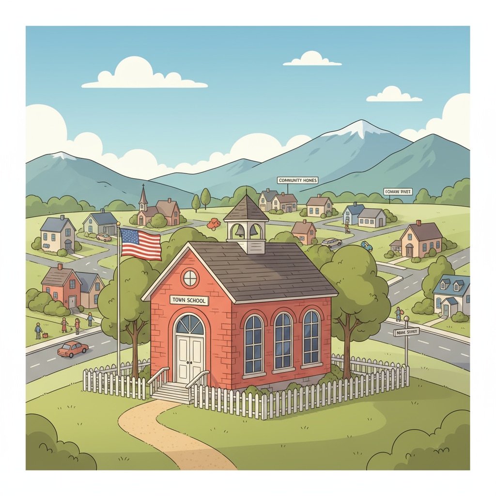 A view of a small town school standing alone with a community in the background, showing a sense of separation A small town school isolated from the community, highlighting school independence and community separation in relation to youth programs