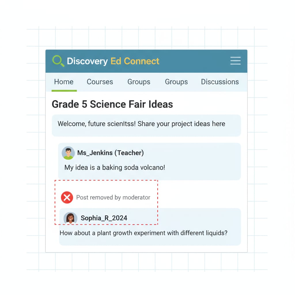 A screenshot shows a K12 education discussion platform where a post is missing, with an indicator suggesting deletion. Screenshot of K12 education platform with post deletion without explanation
