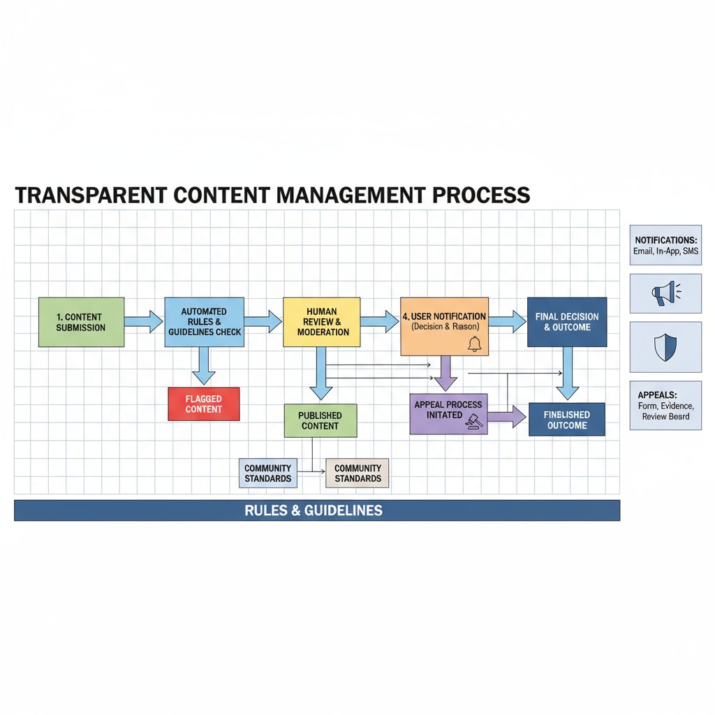 A diagram visually represents the steps of a transparent content management process, including rules, notifications, and appeals. Visual representation of transparent content management process for post deletion reasons