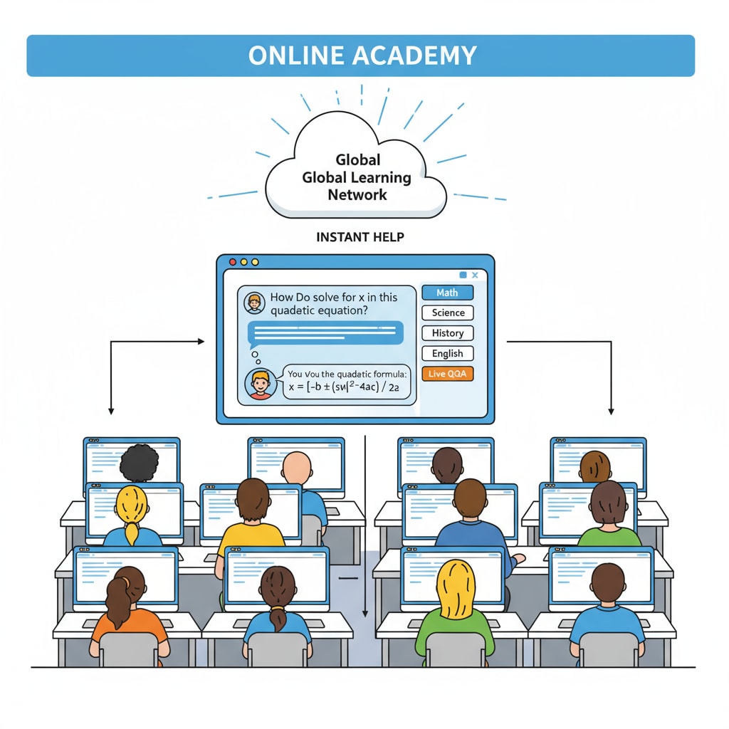 Students are sitting in front of their computers, using an online learning platform to ask questions and get answers for their school assignments. Students using an online learning platform for academic help and homework completion