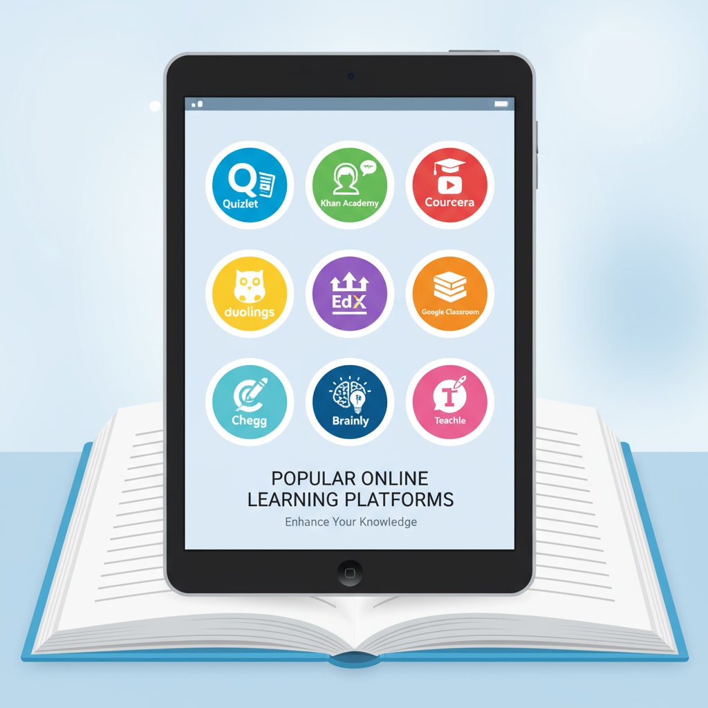 A screen showing different icons of popular online learning platforms like Quizlet and Khan Academy. Overview of popular online learning platforms for academic help and homework completion