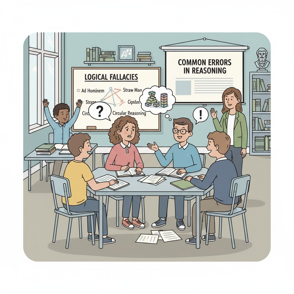 A classroom scene where students are engaged in a discussion about logical fallacies, with books and papers on the desks. Students discussing logical fallacies in a classroom environment for better critical thinking and propaganda detection.