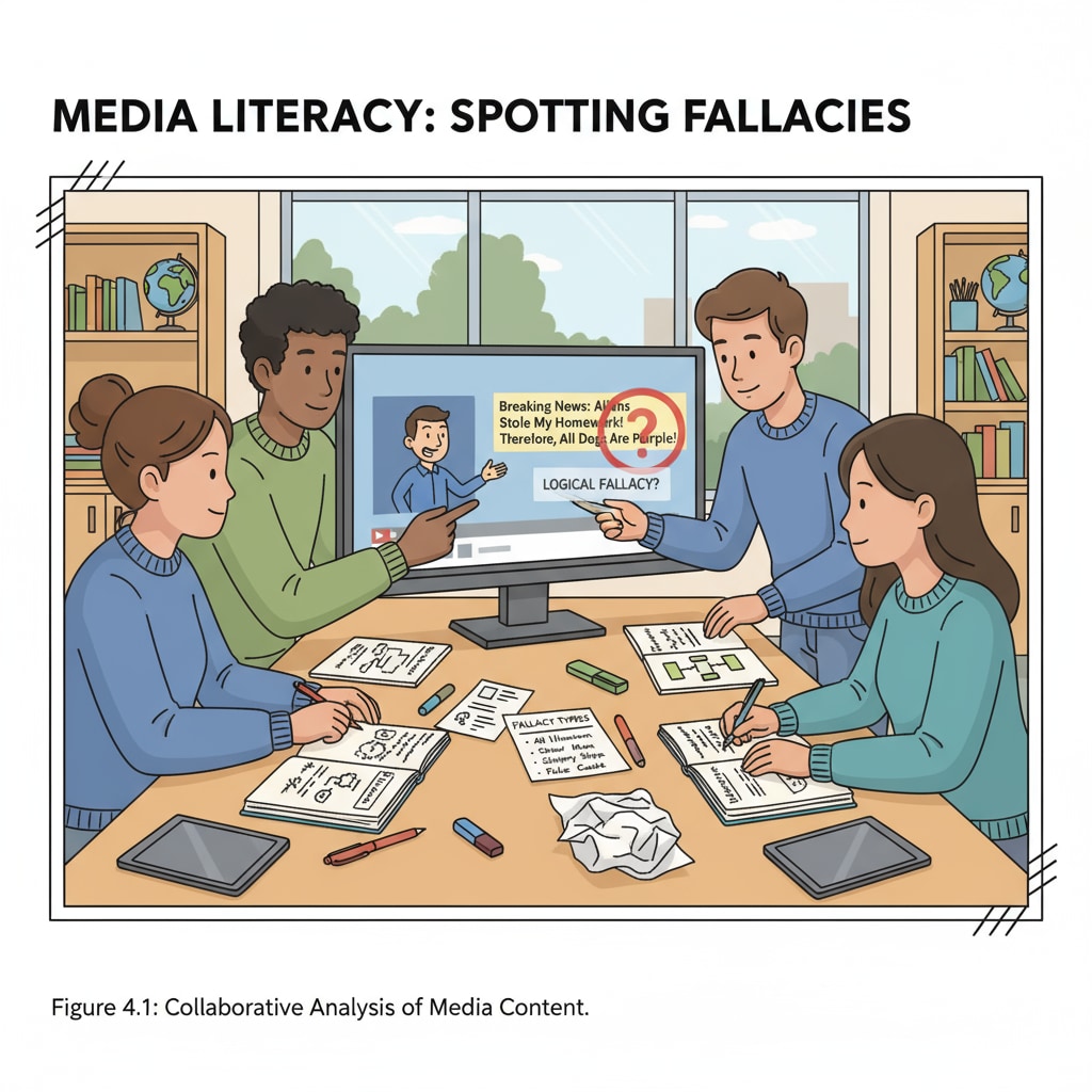 A group of students sitting around a computer, analyzing media content to find logical fallacies, with notes and pens nearby. Students analyzing media content for logical fallacies to improve their media literacy.