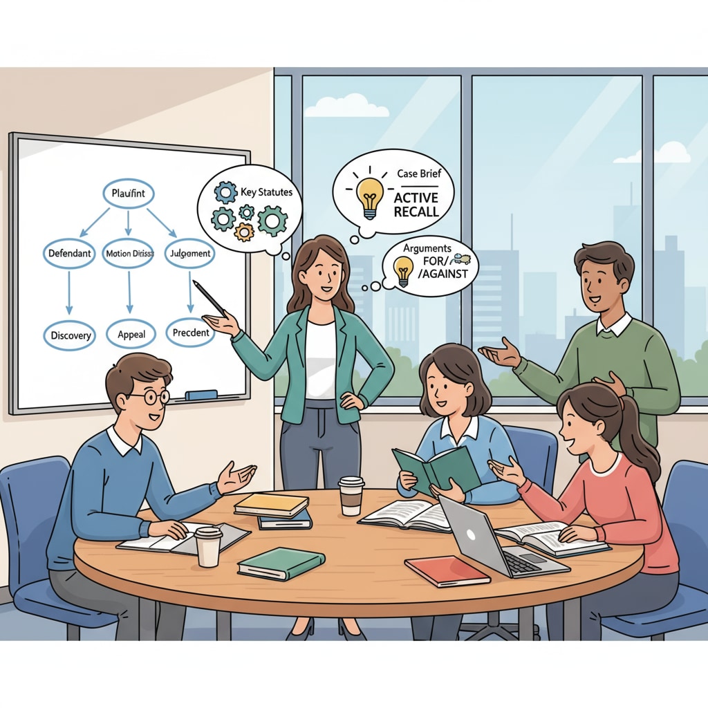 A group of students is engaged in a lively discussion about a legal case, with one student presenting an argument. This depicts the active recall process where students actively engage with legal knowledge. Law school students practicing active recall during a case discussion