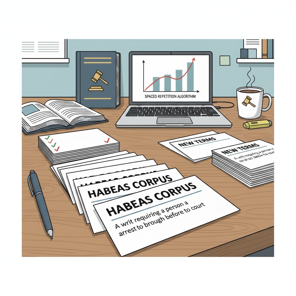 A student is sitting at a desk, flipping through a set of flashcards with legal terms and definitions. This represents the use of spaced repetition through flashcards for law school learning. Student using flashcards for spaced repetition in law school