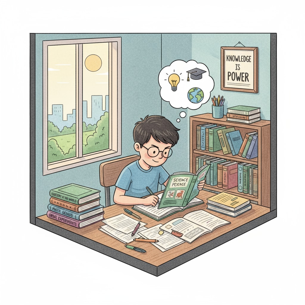 A student sitting at a desk, reading books and taking notes, is fully engaged in self-education, showing determination and focus. A student engaged in self-education after high school setbacks