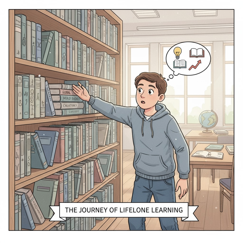 A person is looking at a bookshelf filled with various books, showing a strong curiosity and interest in learning new knowledge, which is an important part of restarting the learning process after high school. A person showing interest in learning for self-education after high school