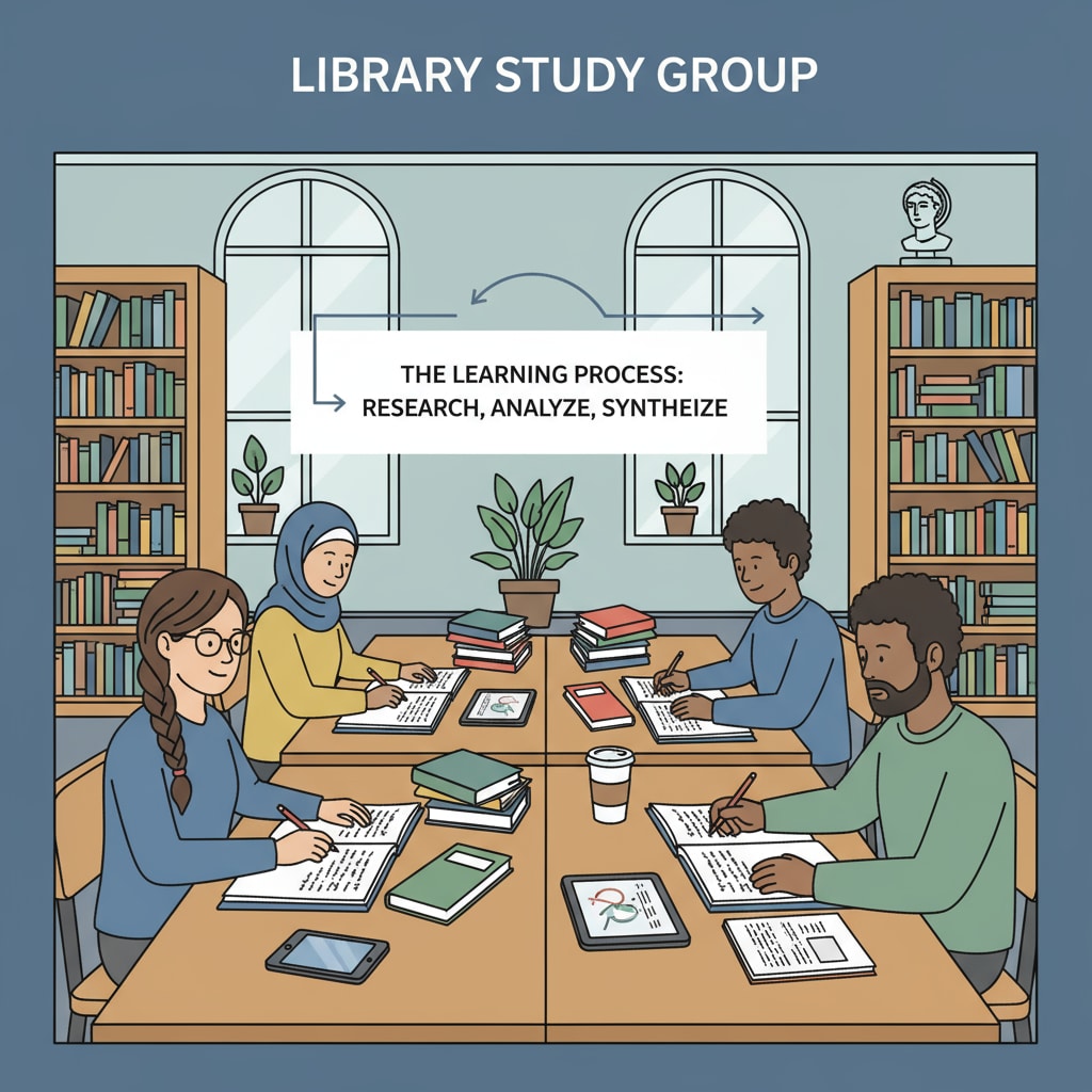 A group of students are sitting at tables in a library, with books open and notebooks out, engaged in focused study. Students studying together to improve high school grades and develop key skills after educational gaps.