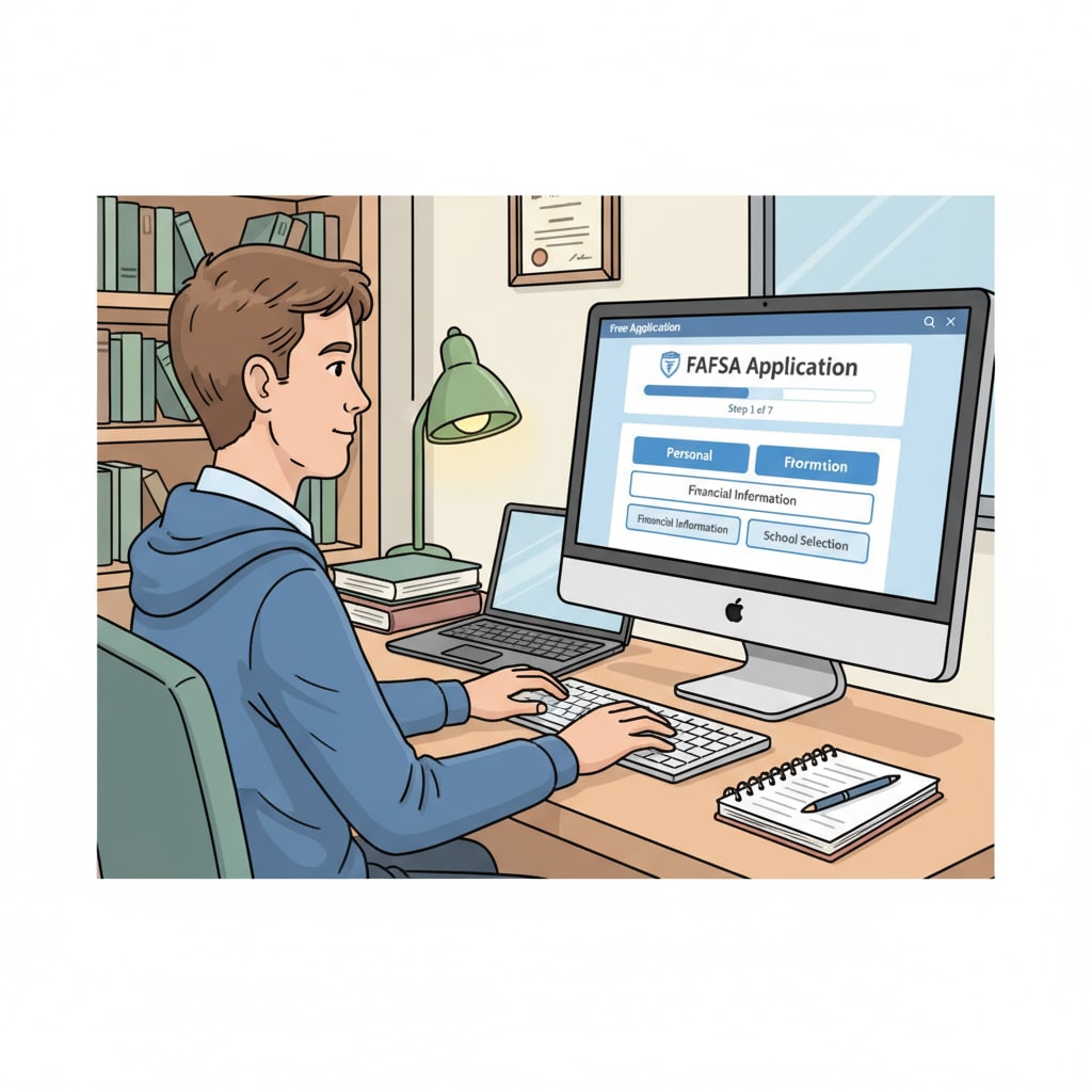 A student sitting at a desk, looking at a computer screen filled with FAFSA application forms A student applying for FAFSA to fund nursing prerequisites
