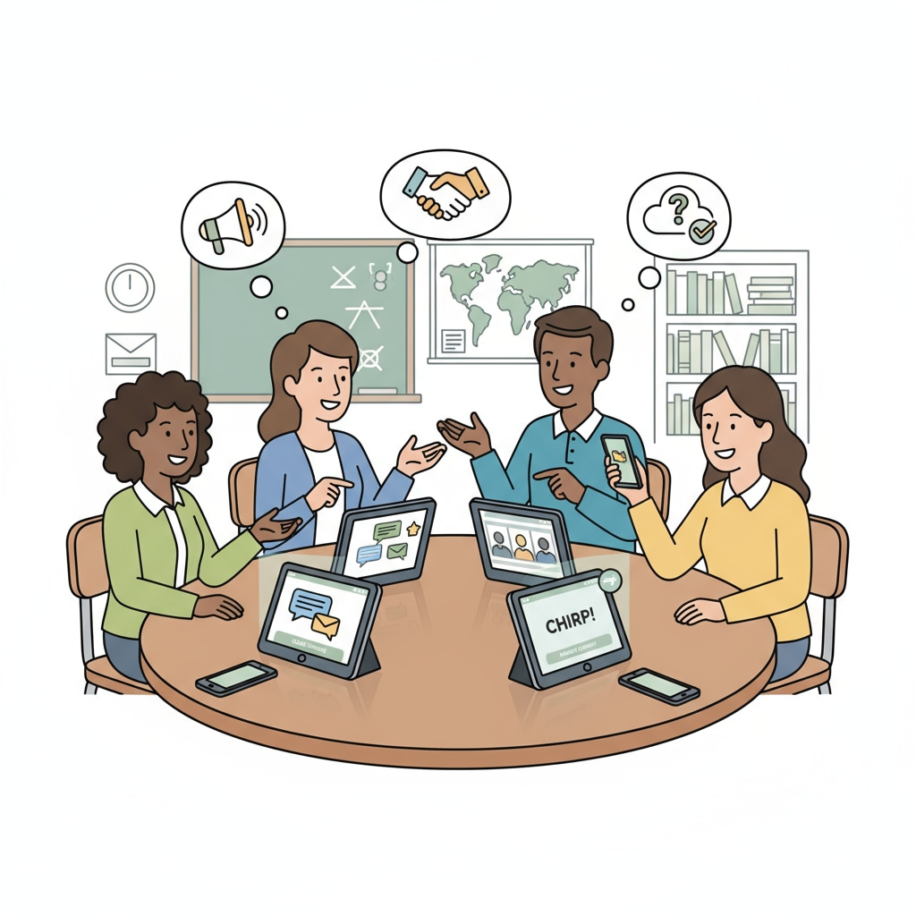 A group of parents and teachers are engaged in a discussion around a table. Digital devices on the table display communication apps, symbolizing the current state of school-parent communication. Parents and teachers discussing with digital devices showing communication apps for school communication systems, parent associations, and information management