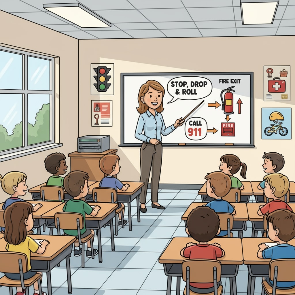 A group of students sitting in a classroom, paying close attention during a protective education lesson. The teacher is standing at the front, explaining important concepts. Students learning protective education in a K-12 school classroom as part of sociological research exploration