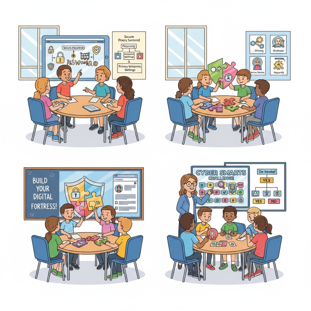 Students actively participating in a hands-on activity related to cyber safety. They are working in groups, discussing and learning about how to protect themselves online. K-12 students engaged in a cyber safety activity within the framework of protective education and sociological research