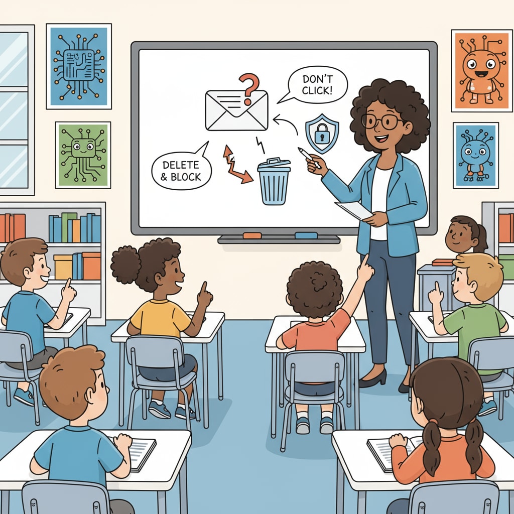 A group of K12 students are sitting in a classroom, looking at a whiteboard where a teacher is drawing simple diagrams to explain cybersecurity concepts like what to do when receiving a suspicious email. K12 students engaged in a cybersecurity education class with simple explanations